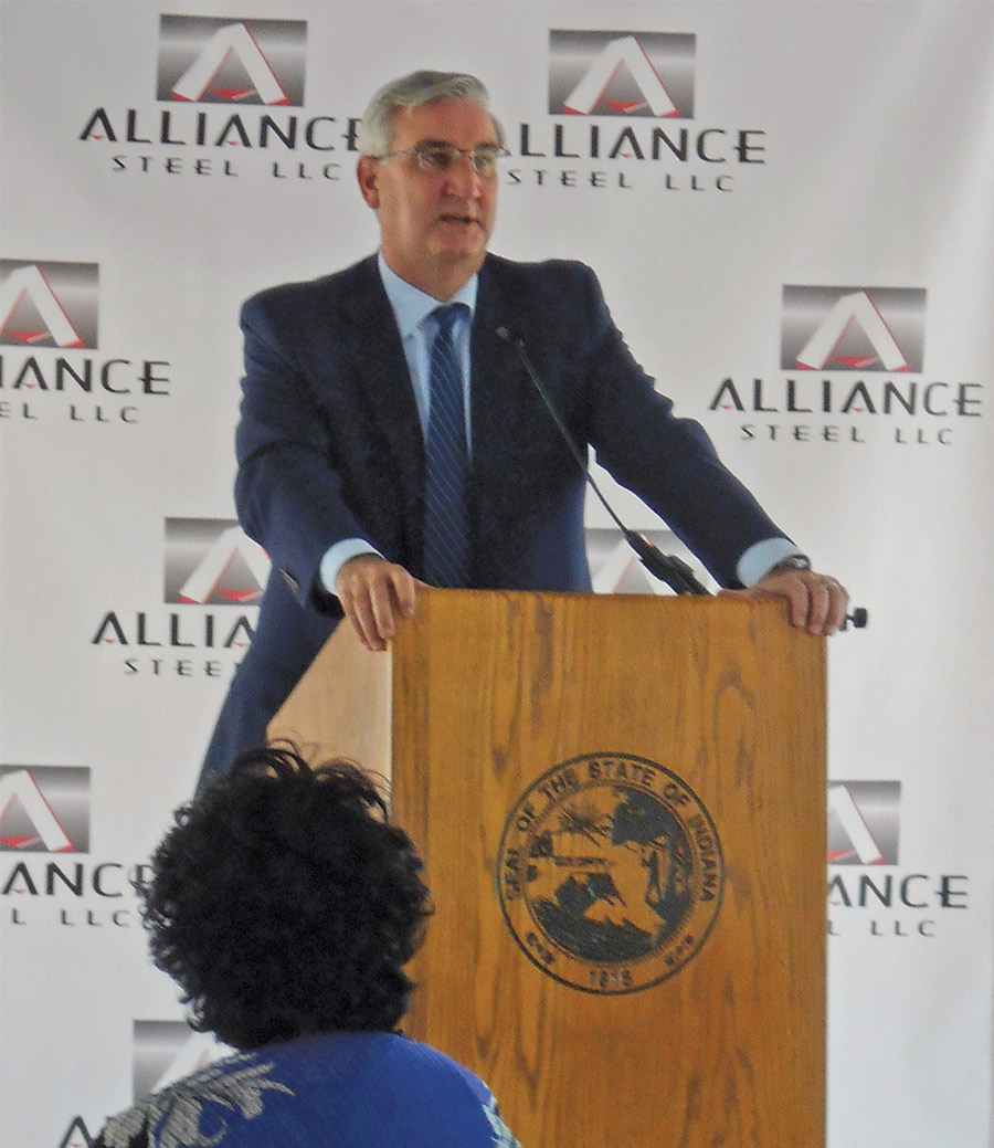 Indiana Gov. Eric Holcomb, at Alliance Steel’s service center in Gary
