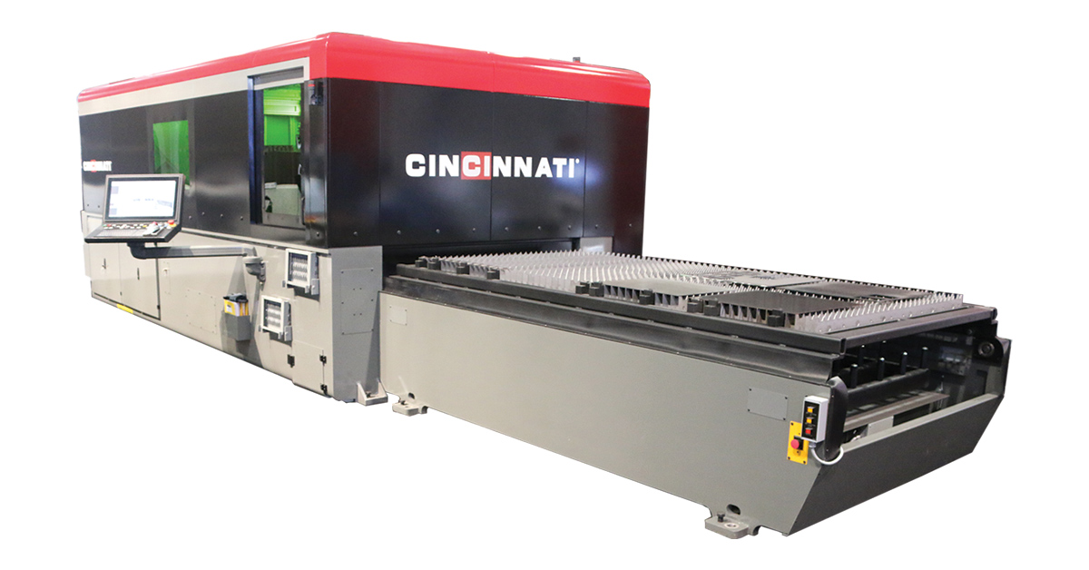 Three quarter view of CL900 fiber laser cutting system connected and monitored with CIberDash