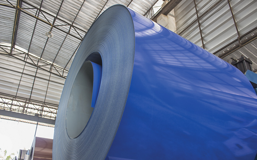 Large roll of blue coated metal