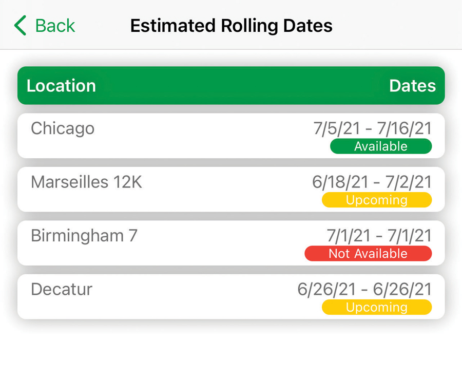 Nucor Tubular Products App showing estimated rolling dates