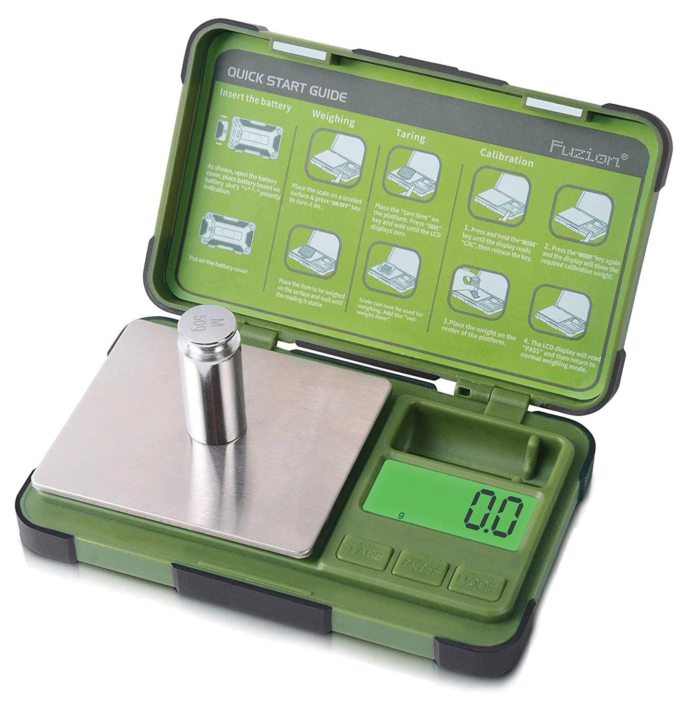 the Gardco new compact, portable pocket scale in green, open with a small weight on its plate