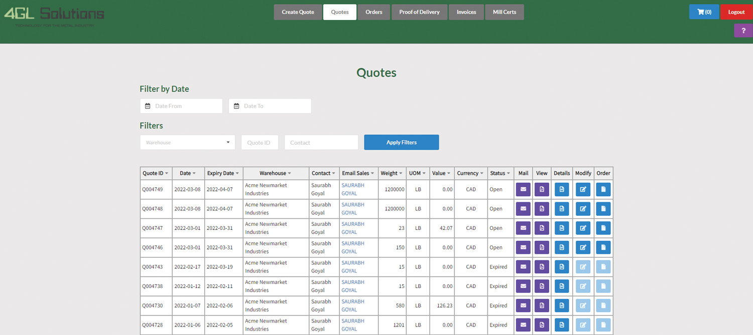 screen capture of 4GL Solutions Customer Portal module within Steel Manager III